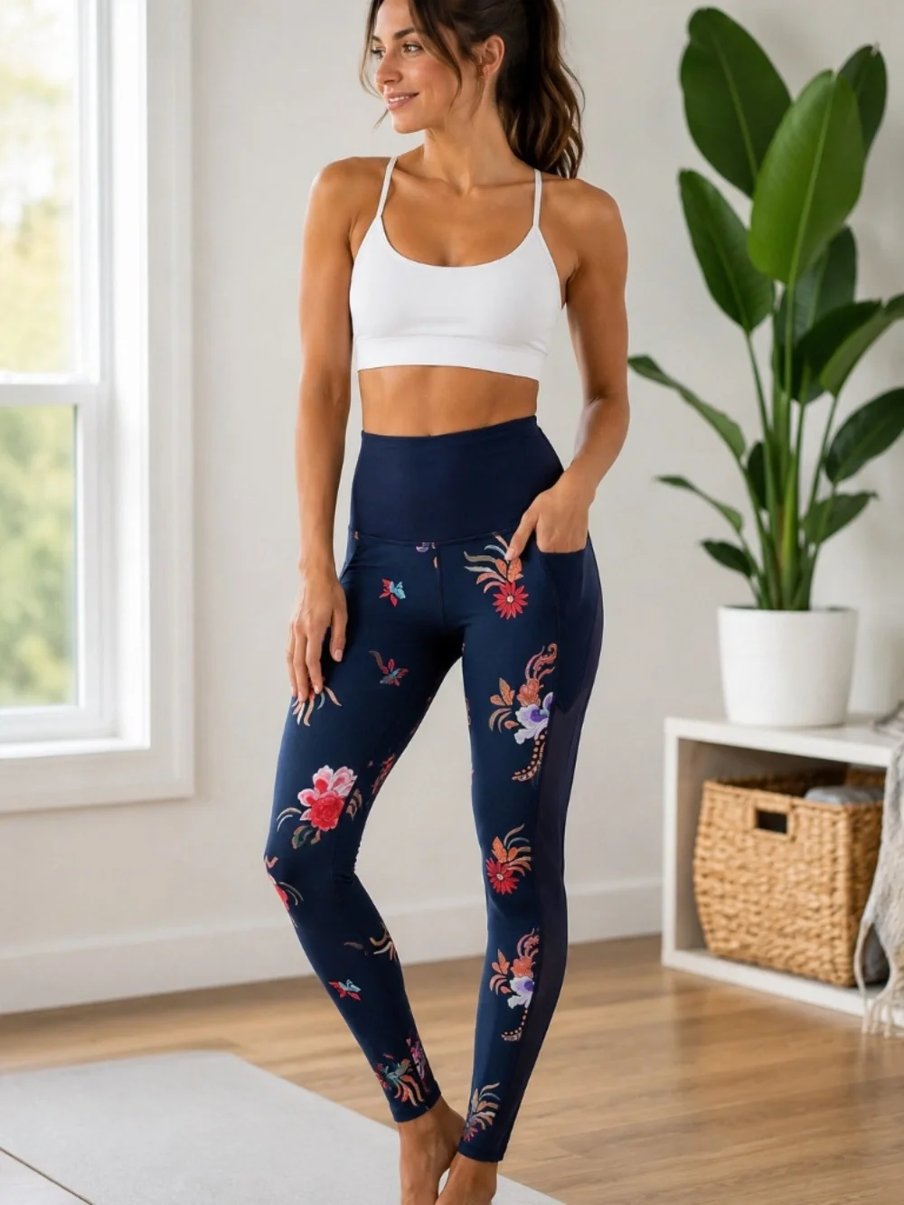 Athleta Mesh Tux Floral Leggings Small Navy High Rise Yoga Workout Tights